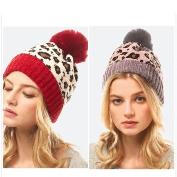 Accessories - Chenille Knit Leopard Print Pom Beanie
